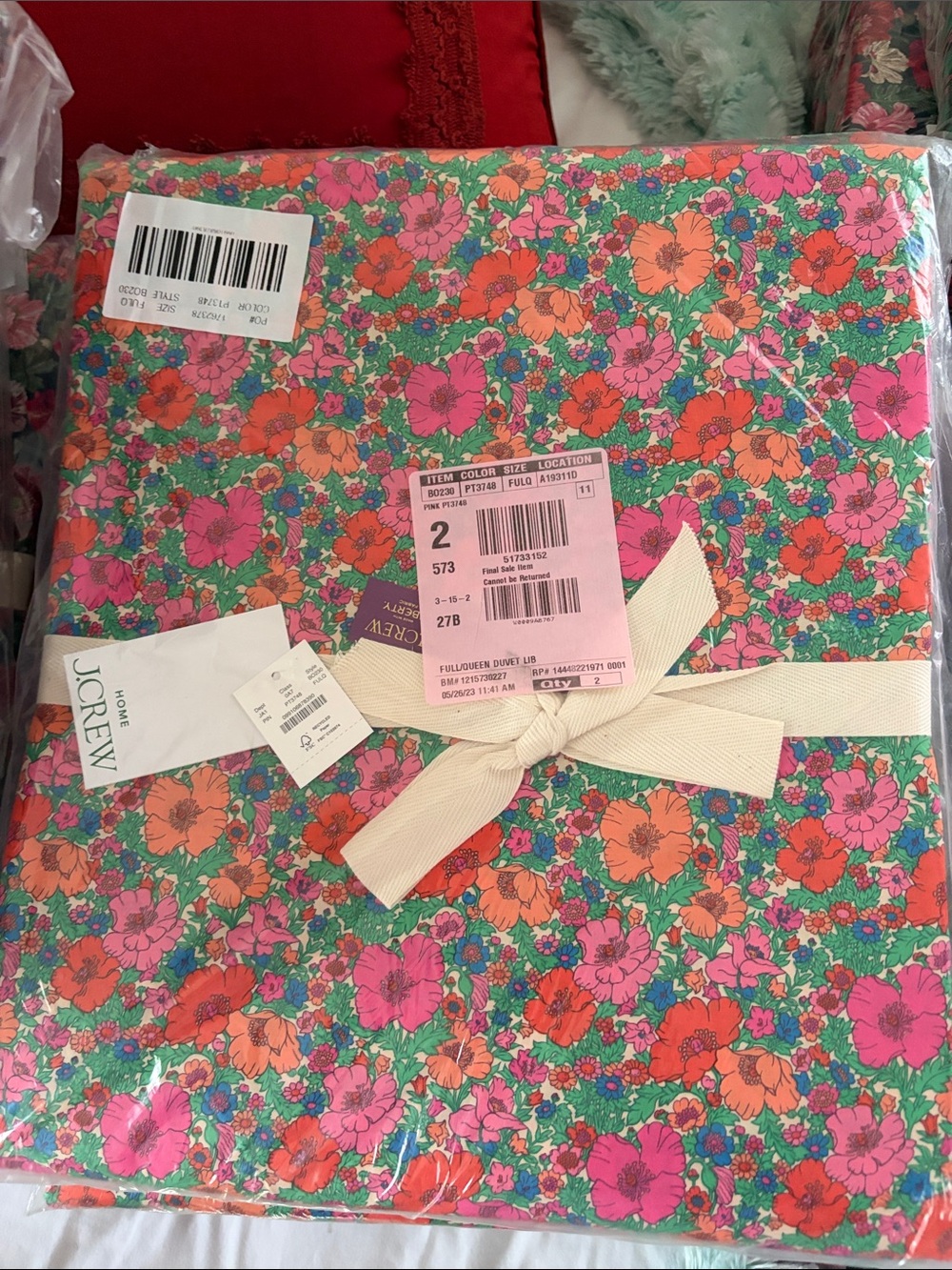 J. Crew Floral Cotton Duvet Cover — Pink, Orange & Green